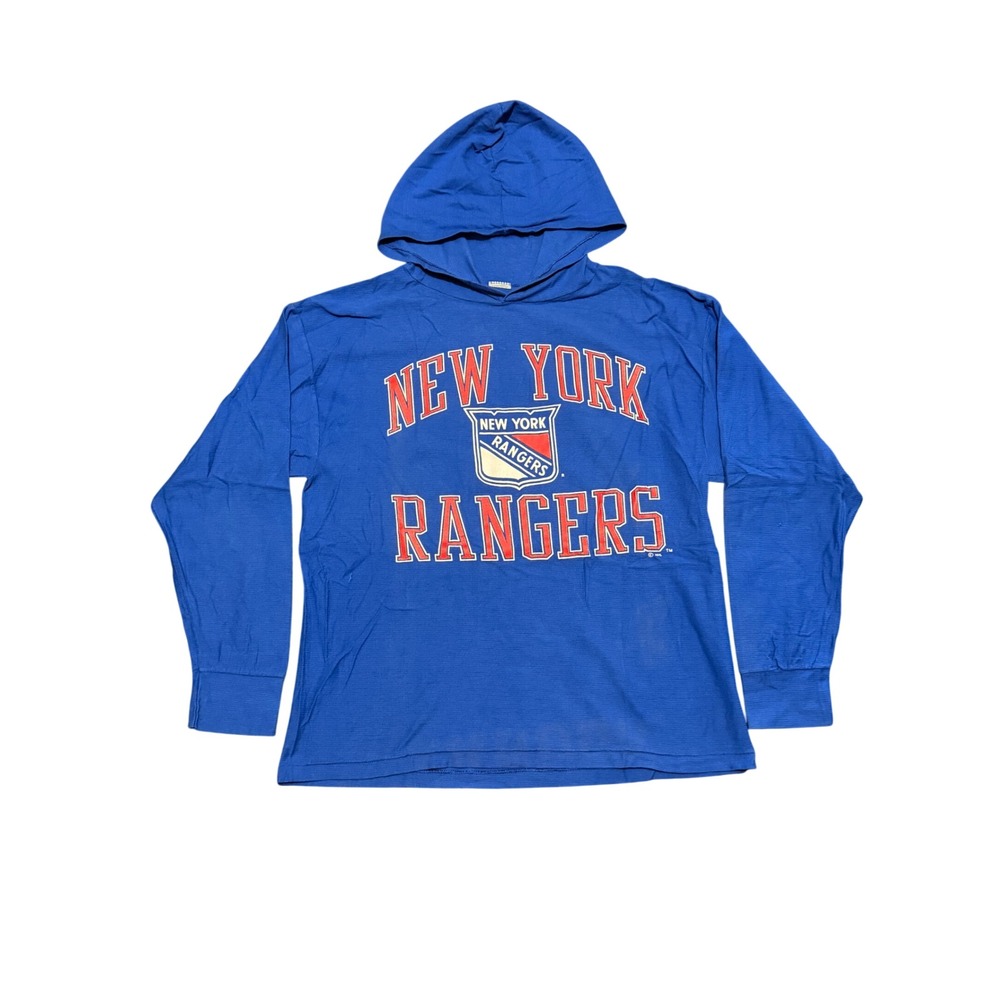 Vintage 90s New York Rangers NHL Hooded Long Sleeve T-Shirt Blue Mens XL Graphic